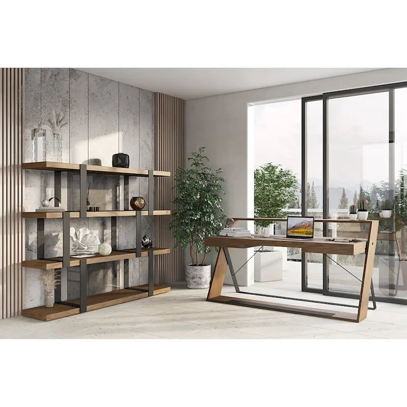 Modernes Regal aus Nussbaumholz und schwarzem Metall