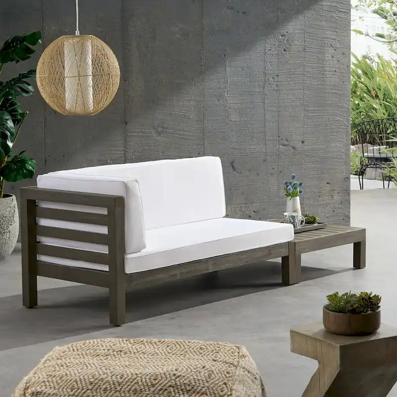 Oana Gartenmöbel-Set aus Akazienholz mit linkem Armteil, bestehend aus 2-Sitzer-Sofa und Couchtisch, inklusive Sitzkissen, von Christopher Knight Home