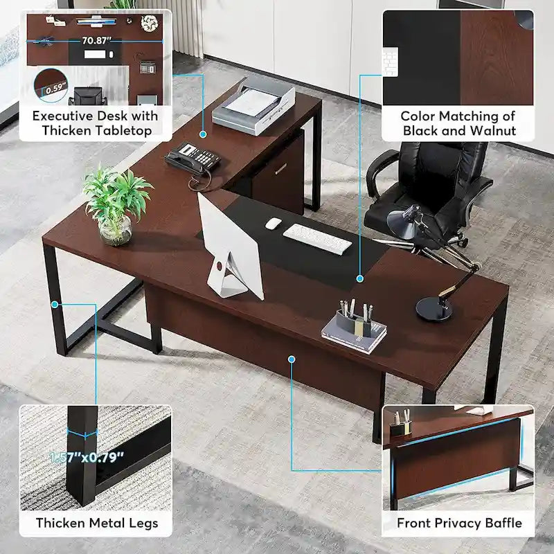 180 cm L-förmiger Chefschreibtisch mit mobilem Aktenschrank