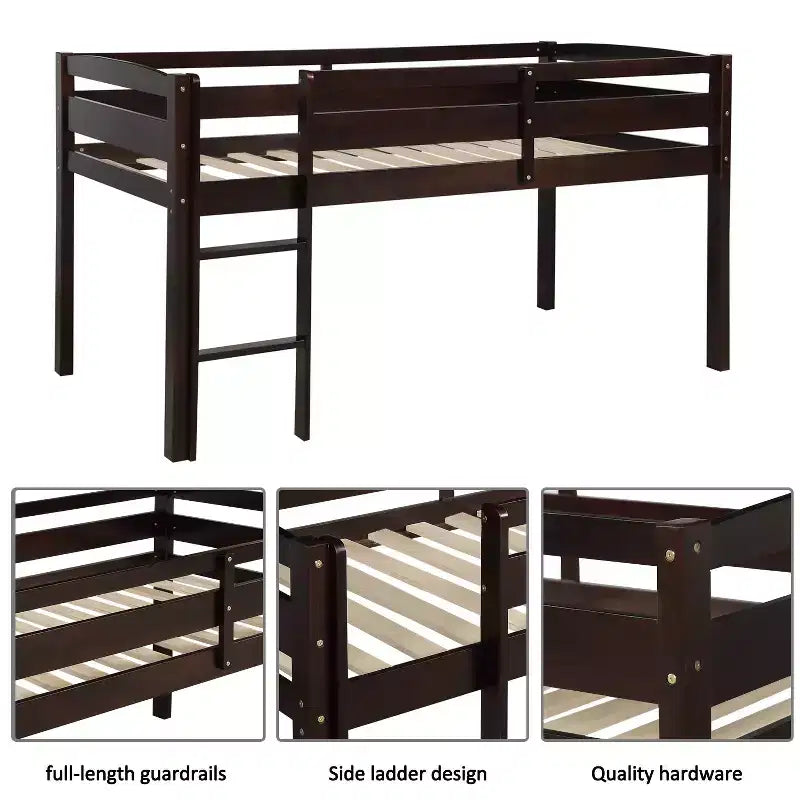 Luxystar Hochbett aus Massivholz in Twin-Size mit Leiter und Absturzsicherung für das Kinderzimmer