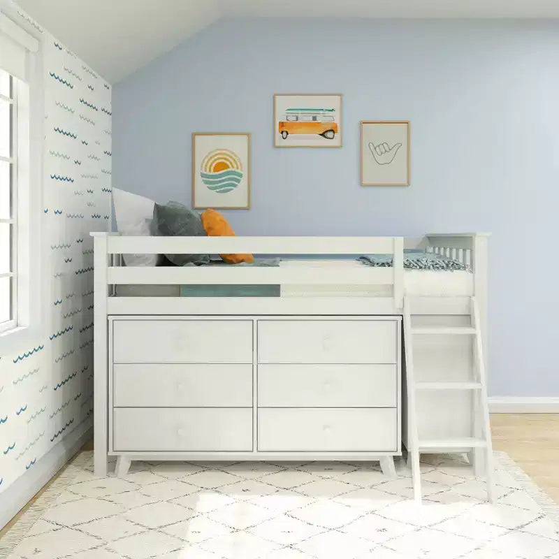 Max & Lily Niedriges Hochbett (Einzelbett) mit ausziehbarem Schreibtisch und 3-Schubladen-Kommoden