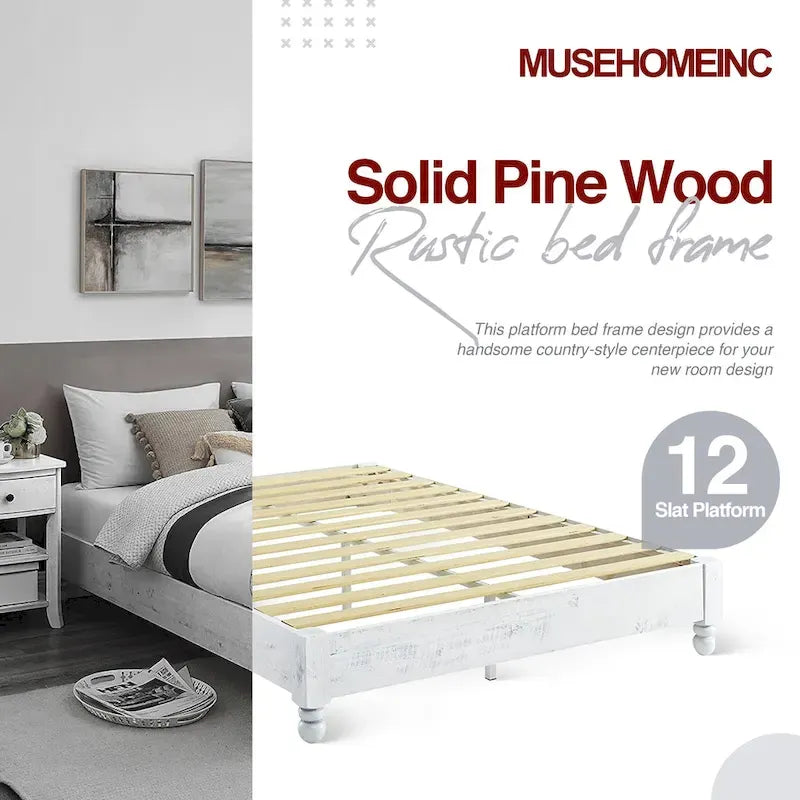 Massivholz Kiefer Rustikales Plattformbettgestell, gekalkt, Kingsize