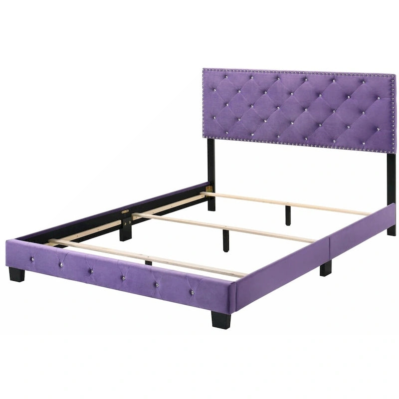 Lila Samt-Plattformbett mit Nagelbesatz, Queen-Size