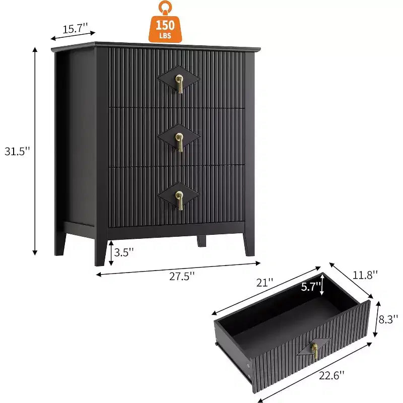 2 Stück geriffelte Holz-Nachttische, 27,5 breit, 3-Schubladen-Kommoden-Set, moderne Beistelltische, Schubladenschrank für Schlafzimmer und Wohnzimmer