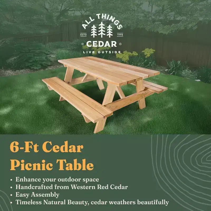 All Things Cedar 183 cm Outdoor-Picknicktisch, handgefertigtes Holz-Gartenbank-Set für Camping, Gartenpartys oder Tailgating, rustikales Zedernholz