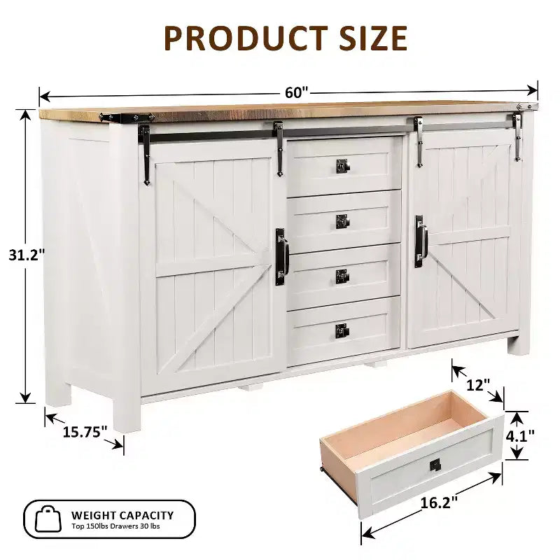 SinCiDo Farmhouse 60-cm-Schminktisch mit verschiebbarer Scheunentür und 4 Schubladen, Schubladenschrank für Wohnzimmer, Schlafzimmer und Kaffeebar