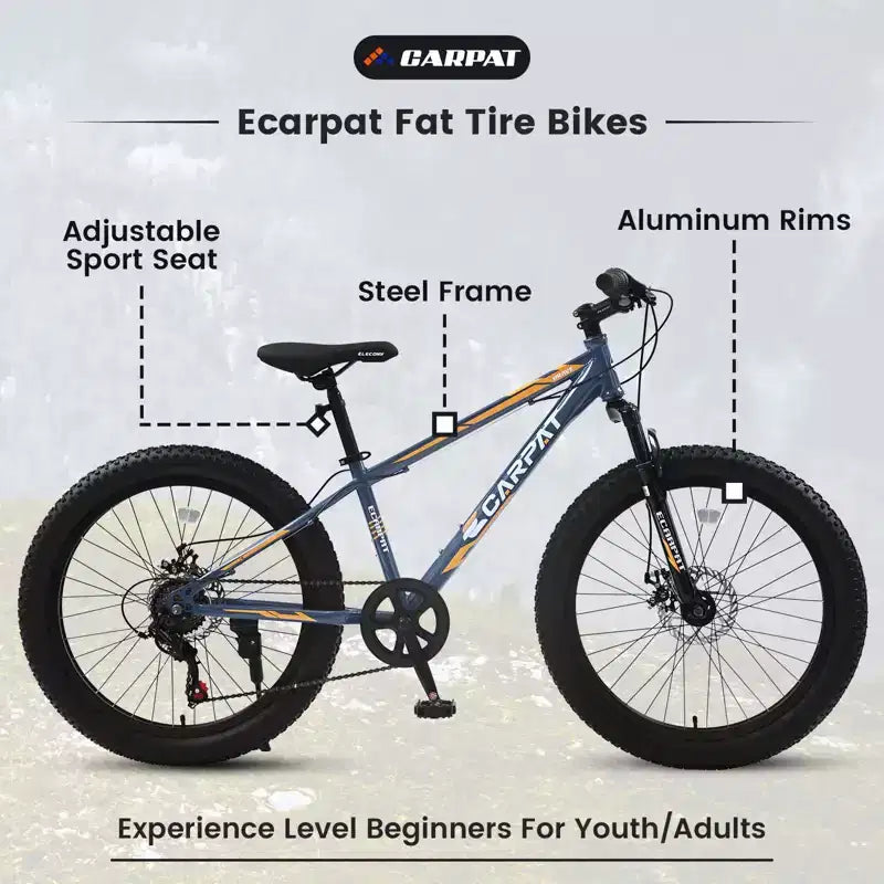 Okak 24-Zoll-Fatbike mit Vordergabel-Federung, 7-Gang-Mountainbike mit Scheibenbremsen und Rahmen aus kohlenstoffreichem Stahl, Trailbike für den täglichen Arbeitsweg