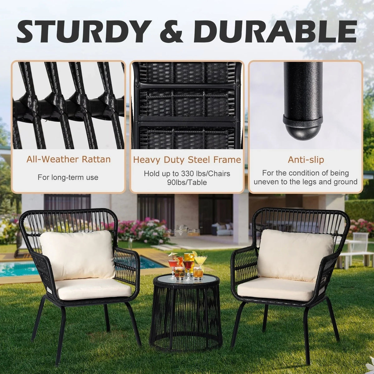 3-teiliges Outdoor-Bistro-Set aus Korbstühlen, witterungsbeständige Rattanmöbel-Sitzgruppe mit Kissen