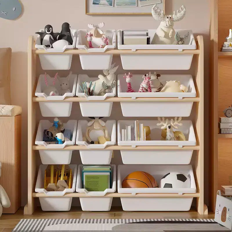 VECELO Kinder-Bücherregal mit Spielzeugaufbewahrung und 12 Körben, Spielzeugregal aus Holz für Kleinkinder, geräumige Spielzimmeraufbewahrung für Bücher oder Spielzeug
