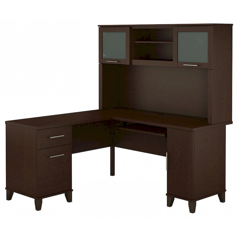 Bush Furniture Somerset 60 Zoll breiter L-förmiger Schreibtisch mit Aufsatzregal und Stauraum