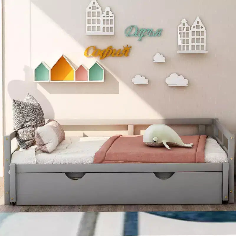 Okak Twin Size ausziehbares Design-Tagesbett mit Bettkasten/Schubladen & Sicherheitsgitter, Massivholz-Plattformbettgestell für Teenager, Erwachsene