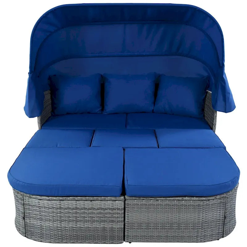 Graues Outdoor-Tagesbett aus Korbgeflecht mit Polstern und ausziehbarem Sonnendach
