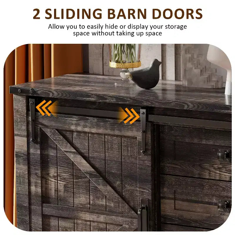 SinCiDo Farmhouse 60-cm-Schminktisch mit verschiebbarer Scheunentür und 4 Schubladen, Schubladenschrank für Wohnzimmer, Schlafzimmer und Kaffeebar