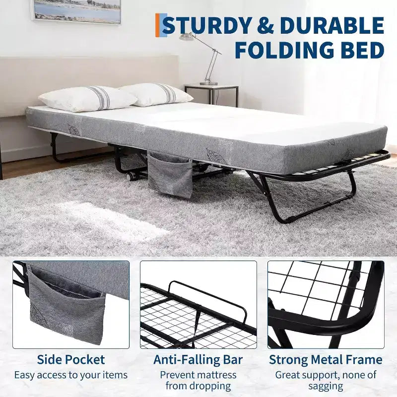 Klappbett mit Matratze für Erwachsene, tragbares Gästebett auf Rollen, faltbares Metallgestell-Bett mit 5-Zoll-Memory-Foam-Matratze und seitlicher Aufbewahrungstasche