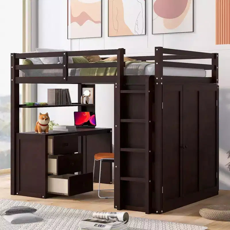 CLIHOME Hochbett in Full-Size mit 3 Schubladen, Schreibtisch und Kleiderschrank