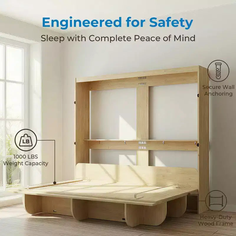 2-in-1 Unsichtbares Murphy-Bett mit Ablagefächern, Queen-Size, Naturholz (Matratze nicht enthalten)