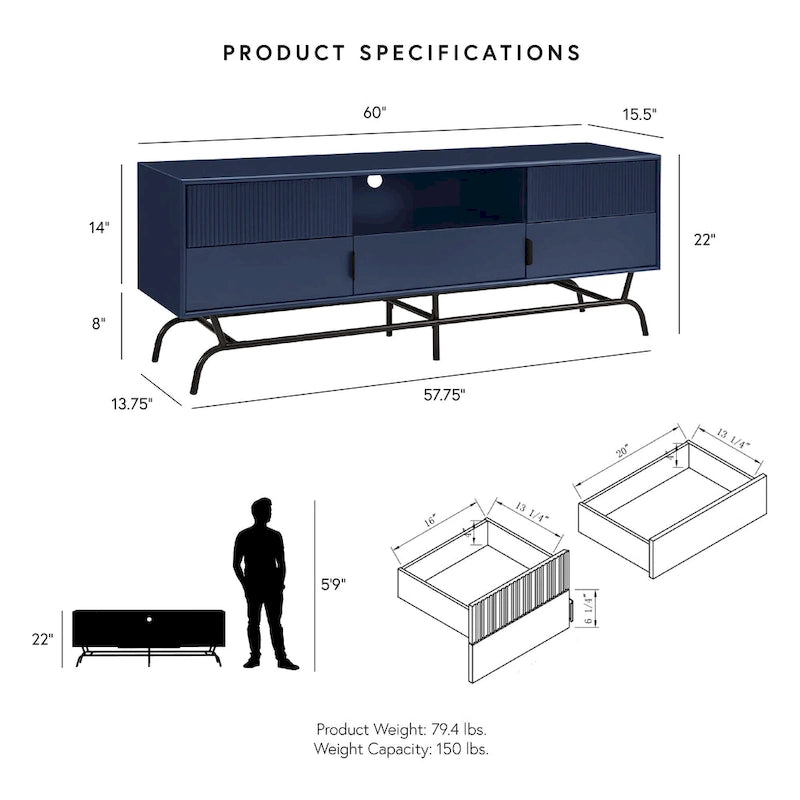 DH BASIC Modern 60-Zoll-TV-Lowboard mit 3 Schubladen und Kabeldurchführung von Denhour