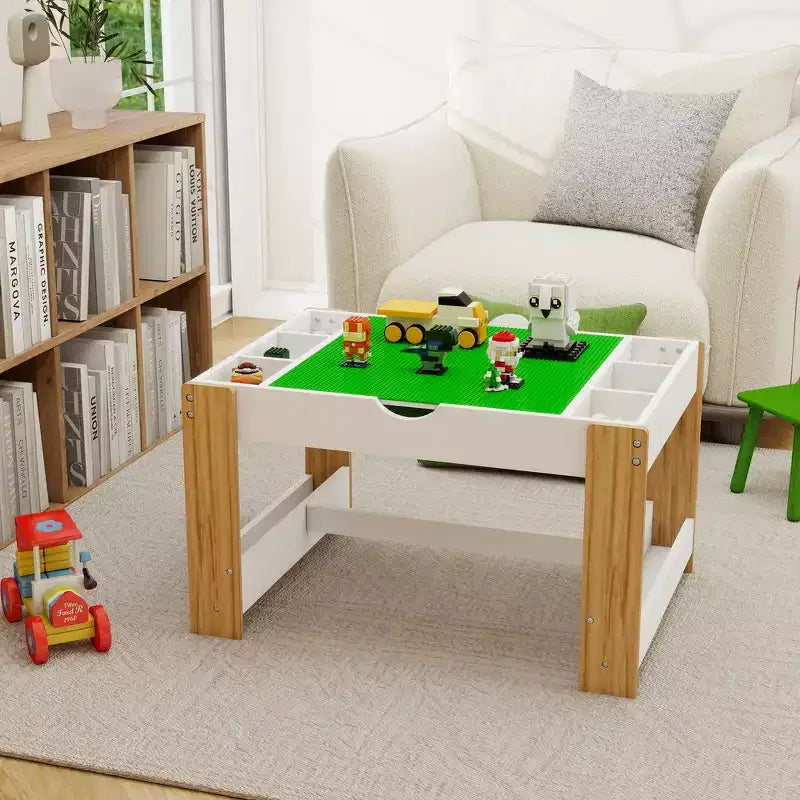 Kinder 2-in-1 Aktivitätstisch mit 7 Aufbewahrungsfächern - LEGO-kompatibler Baustein- & Whiteboard-Tisch, Weiß & Grün