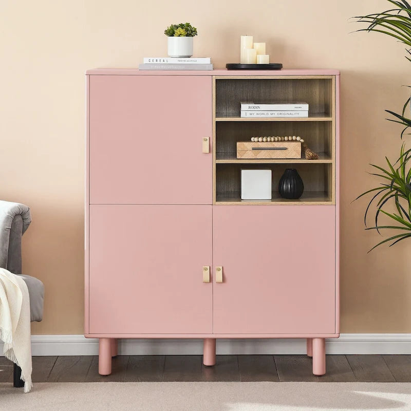 Multifunktionaler Aufbewahrungsschrank mit Tür, moderner Sideboard-Schrank, Holzaufbewahrungsschrank, Schubladenschrank mit Ledergriffen
