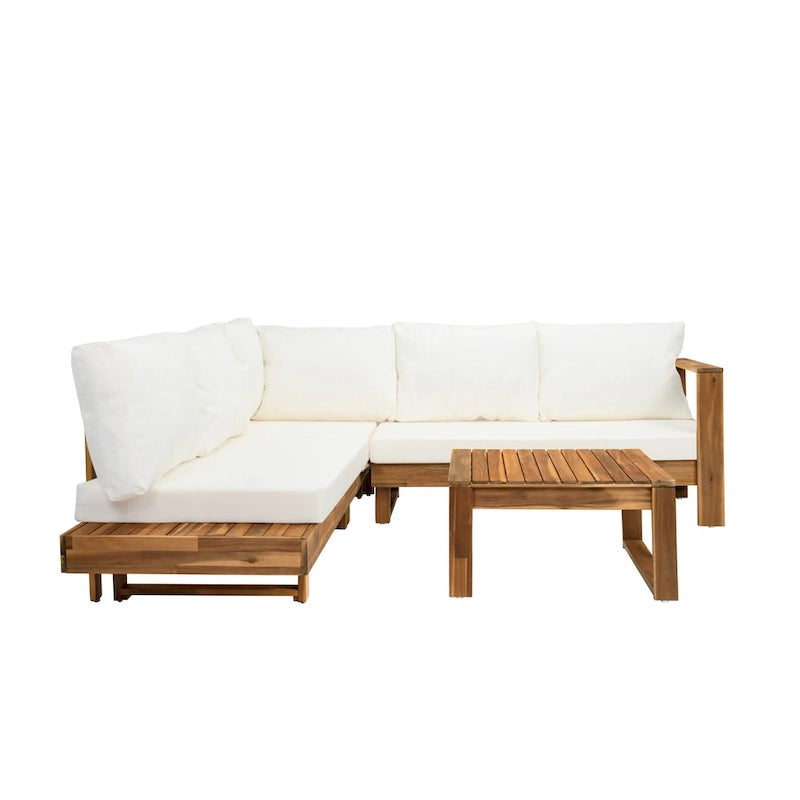 L-förmiges Ecksofa-Set, Terrassen-Sitzgruppe mit Tisch, Lounge-Ecksofa aus Holz, 4-teiliges Outdoor-Sitzgruppen-Set