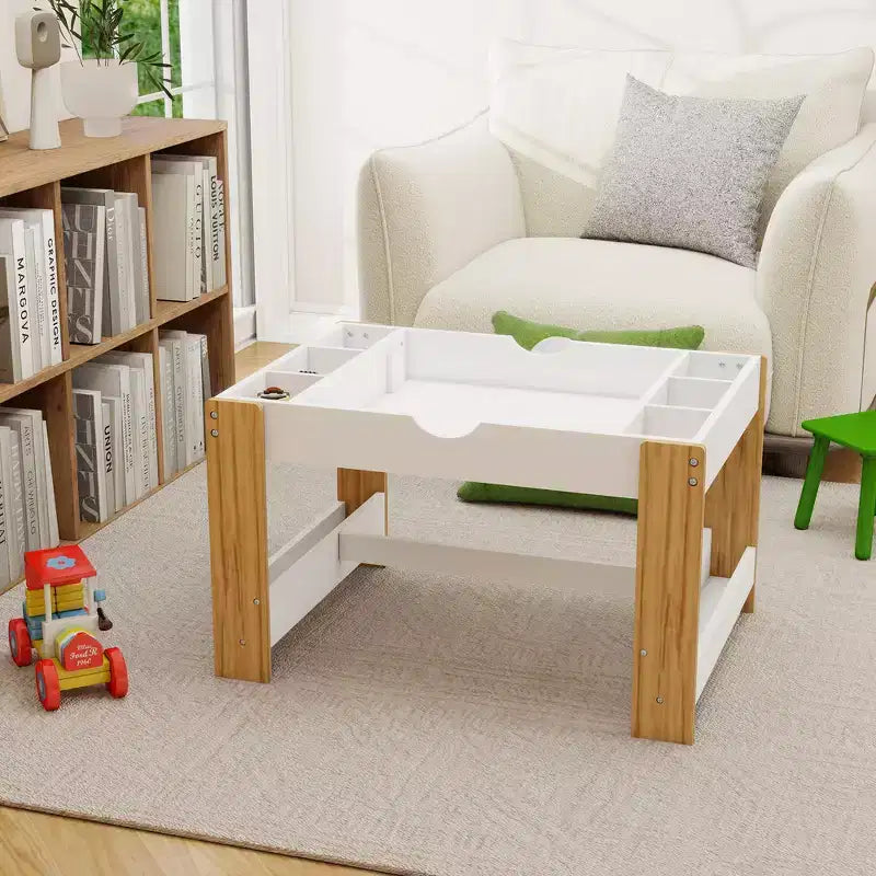 Kinder 2-in-1 Aktivitätstisch mit 7 Aufbewahrungsfächern - LEGO-kompatibler Baustein- & Whiteboard-Tisch, Weiß & Grün