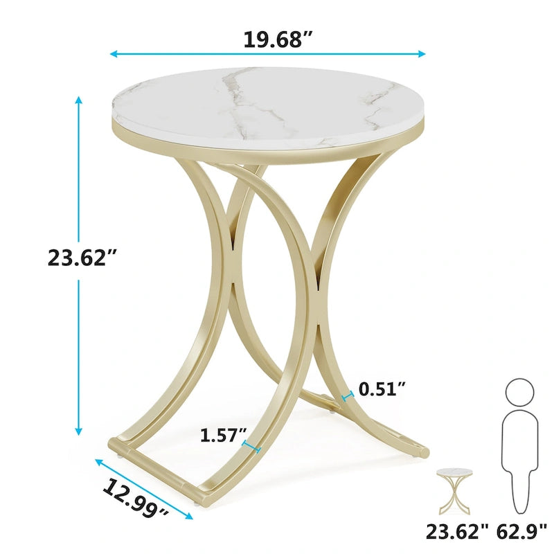 Kleiner, moderner runder Beistelltisch, Couchtisch, Nachttisch mit goldfarbenem Metallgestell und Kunstmarmor-Furnier aus Holzwerkstoff für das Wohnzimmer