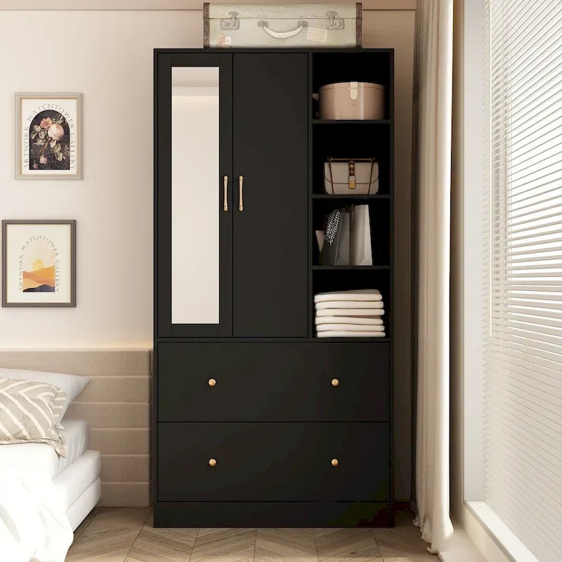 Kleiderschrank mit Spiegel, verstellbarer Kleiderstange und platzsparendem Design