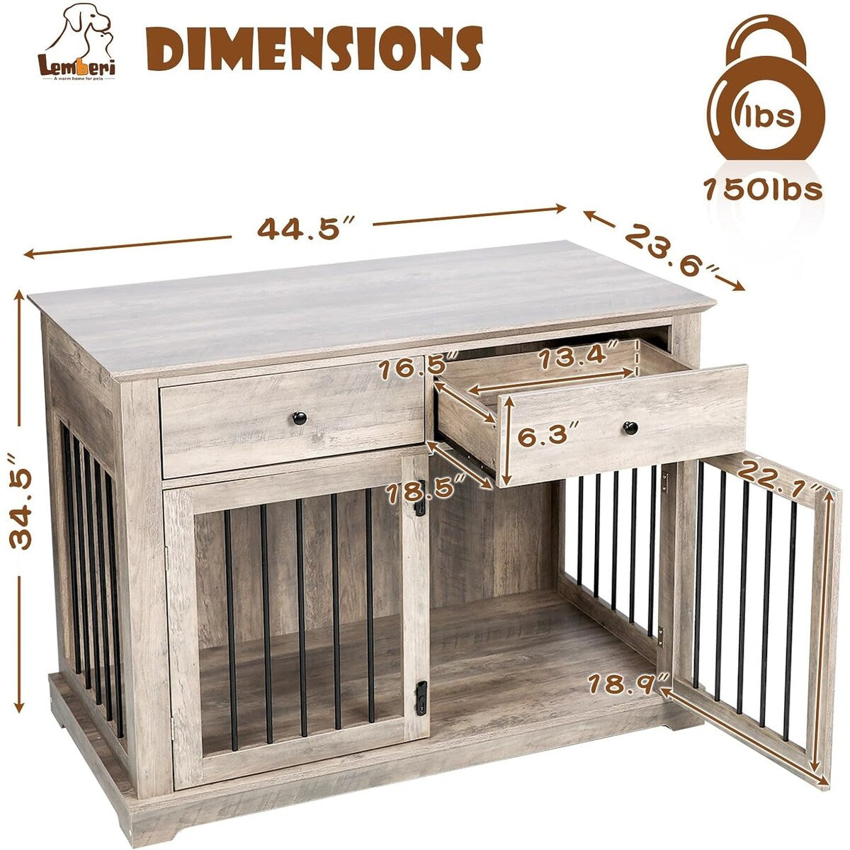 BOSSIN Hundekäfig-Möbel für große Hunde, 112 cm, Hundehütte aus Holz als Beistelltisch mit Schubladen, dekorative Hundeboxen- und Hundehütten-Optik