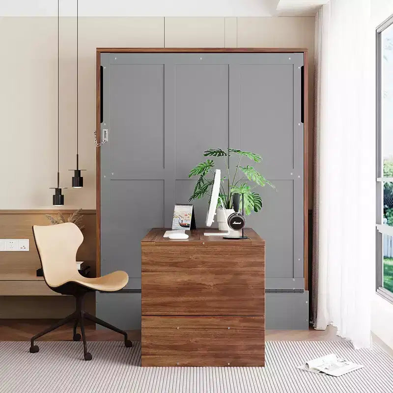 Murphy-Bett in voller Größe, Holzwandbett mit Schrank und klappbarem Schreibtisch, klappbares Wandbett mit Truhenfunktion für Gästezimmer oder Büro