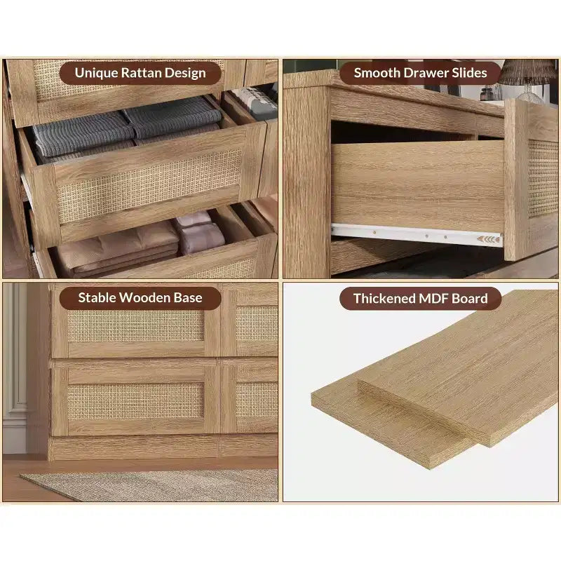Kommode fürs Schlafzimmer, Rattan-Kommode mit 9 Schubladen für den Kleiderschrank, Doppelholz-Kommoden & Schubladenschränke