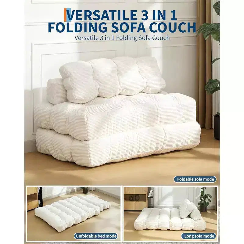 3-in-1-Klappsofa mit Schlaffunktion, umwandelbarer Schlafsessel mit Kissen, tragbarer ausklappbarer Sessel mit Schlaffunktion, bequemes Bodensofa mit Rückenstütze fürs Wohnzimmer, Beige