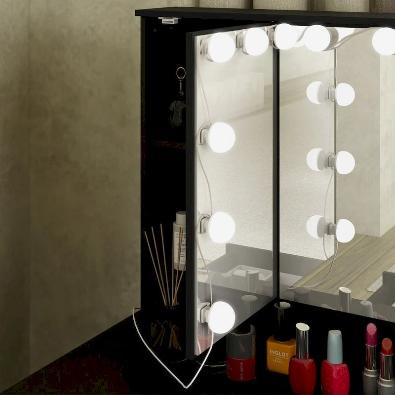 3-Spiegel-Schminktisch mit 9 Schubladen und LED-Beleuchtung