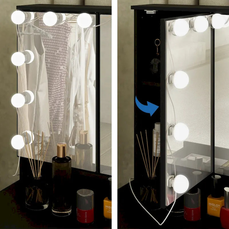 3-Spiegel-Schminktisch mit 9 Schubladen und LED-Beleuchtung