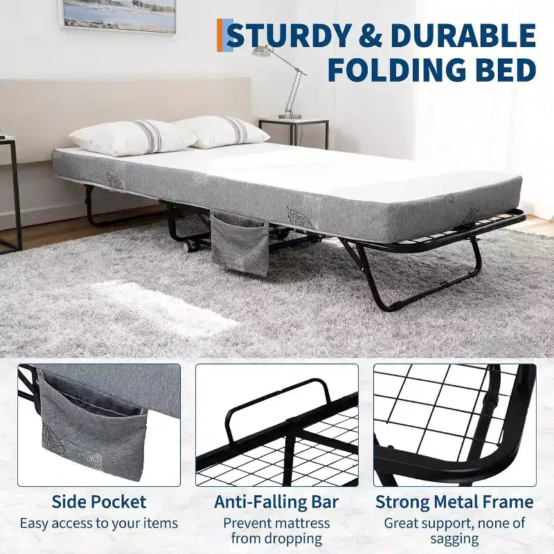 Klappbett mit Matratze für Erwachsene, tragbares Gästebett auf Rollen, faltbares Metallgestell-Bett mit 5-Zoll-Memory-Foam-Matratze und seitlicher Aufbewahrungstasche