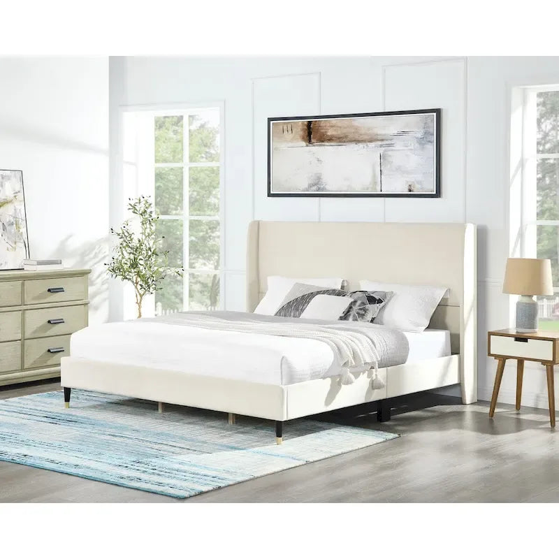 Beige Samt Flügelkopfteil-Plattformbett, Kein Boxspring erforderlich