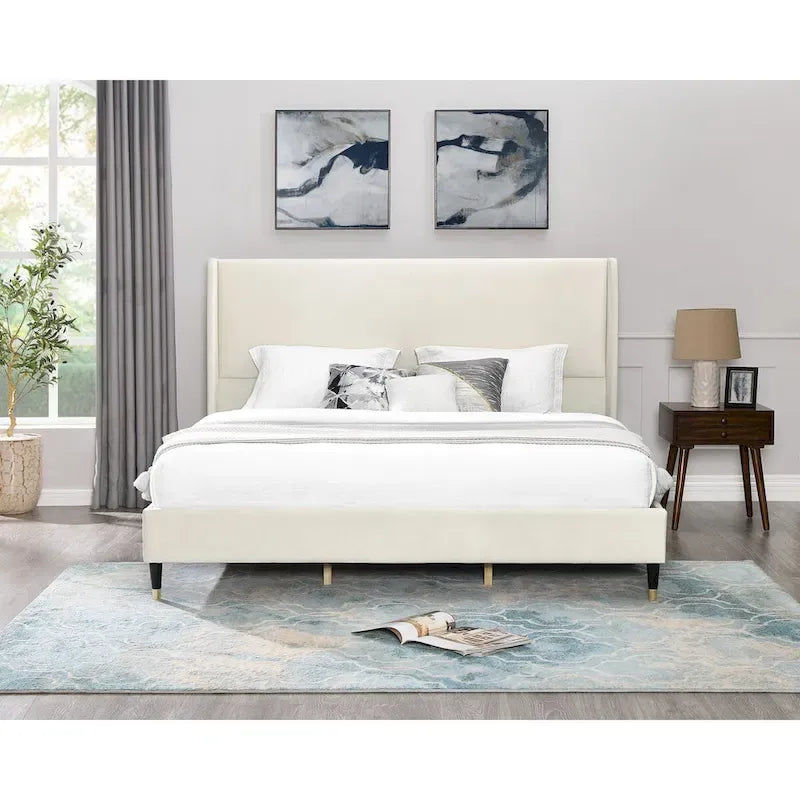 Beige Samt Flügelkopfteil-Plattformbett, Kein Boxspring erforderlich