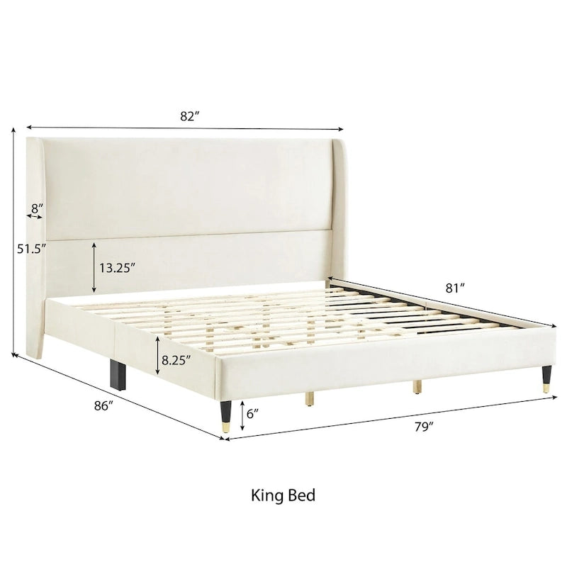 Beige Samt Flügelkopfteil-Plattformbett, Kein Boxspring erforderlich