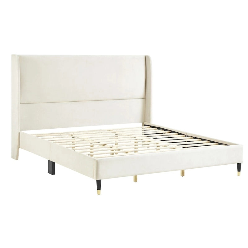 Beige Samt Flügelkopfteil-Plattformbett, Kein Boxspring erforderlich