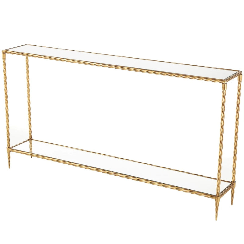 Konsole mit 1 Ablage im Stil eines gedrehten Metallseils mit verspiegelter Glasplatte und Ablage - Gold - Roche River Decor