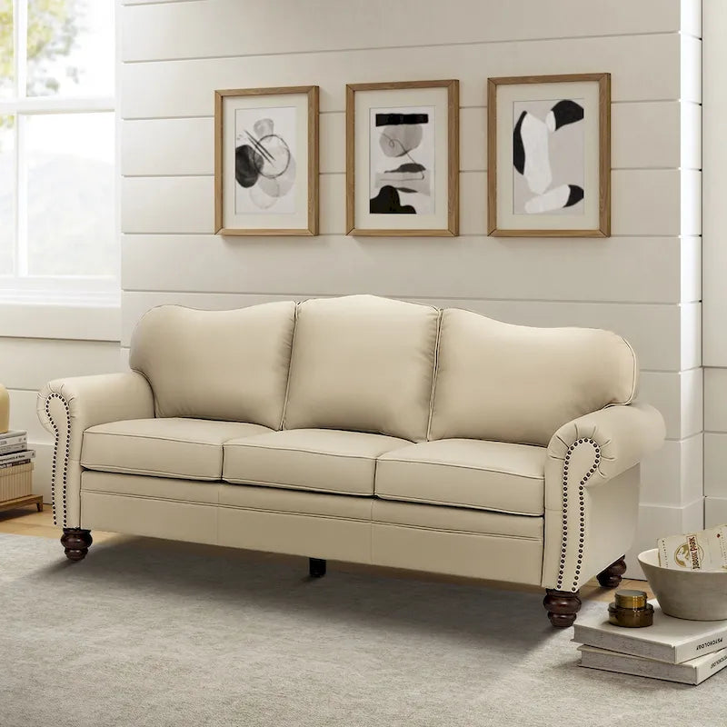 Balvino 81 Zoll breites Übergangs-Sofa aus echtem Leder mit Rollarmlehnen, Nagelkopfbeschlägen und abnehmbaren Kissen