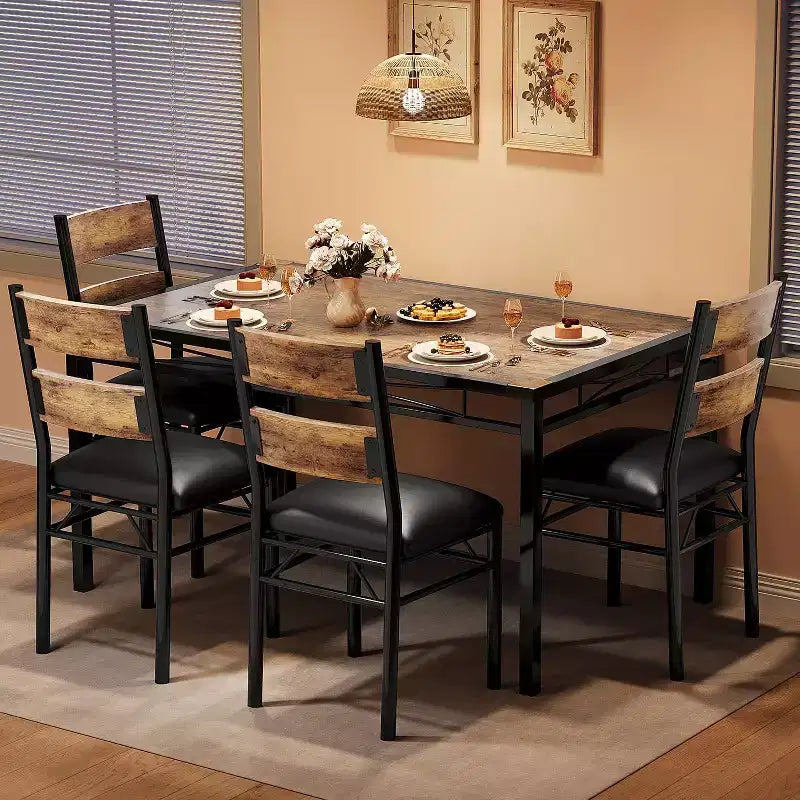 Essgruppe für 4 Personen, Holztisch für die Küche mit 4 gepolsterten Stühlen, 4er-Set Küchenstühle mit Stoßwinkel für kleine Räume, Küchenbereich