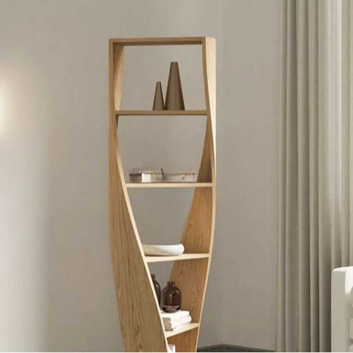 Zeitgenössischer vertikaler Holz-Bücherregal in Sanduhrform mit 5 Ebenen