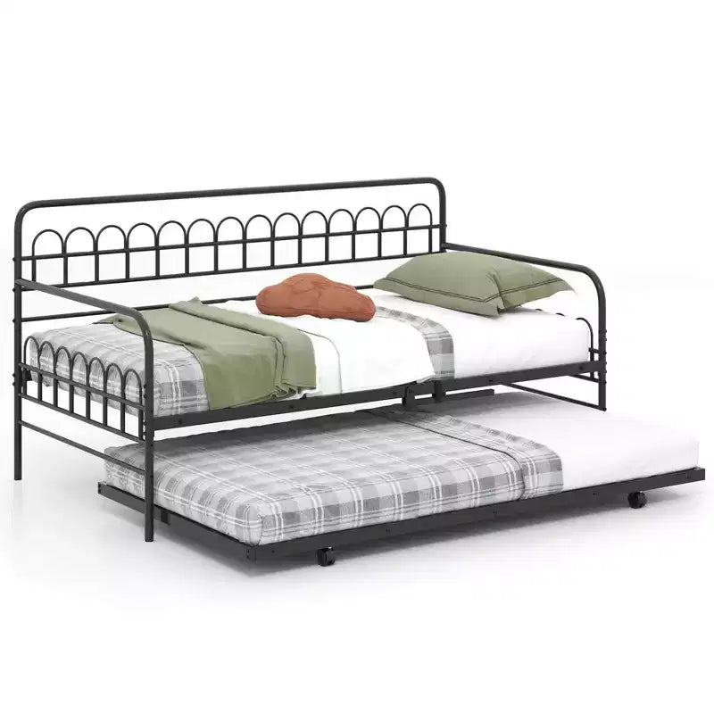 Costway Tagesbett mit Ausziehbett, geschwungener Rückenlehne & Armlehnen, strapazierfähige Metalllatten, Schwarz/Gold