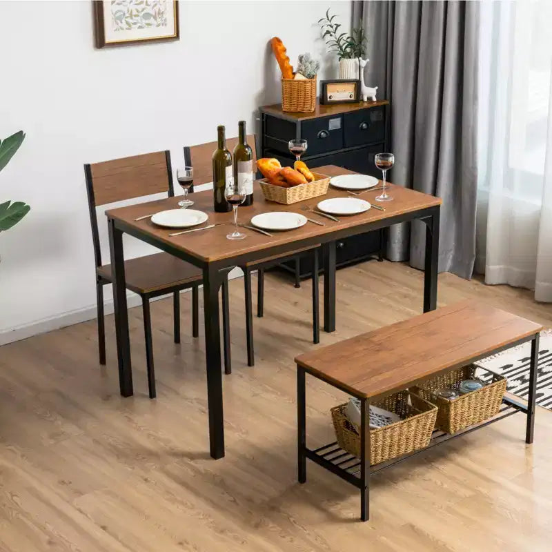 Costway 4-teiliges Esszimmertisch-Set, rustikaler Tisch, 2 Stühle & Bank mit Ablagefach