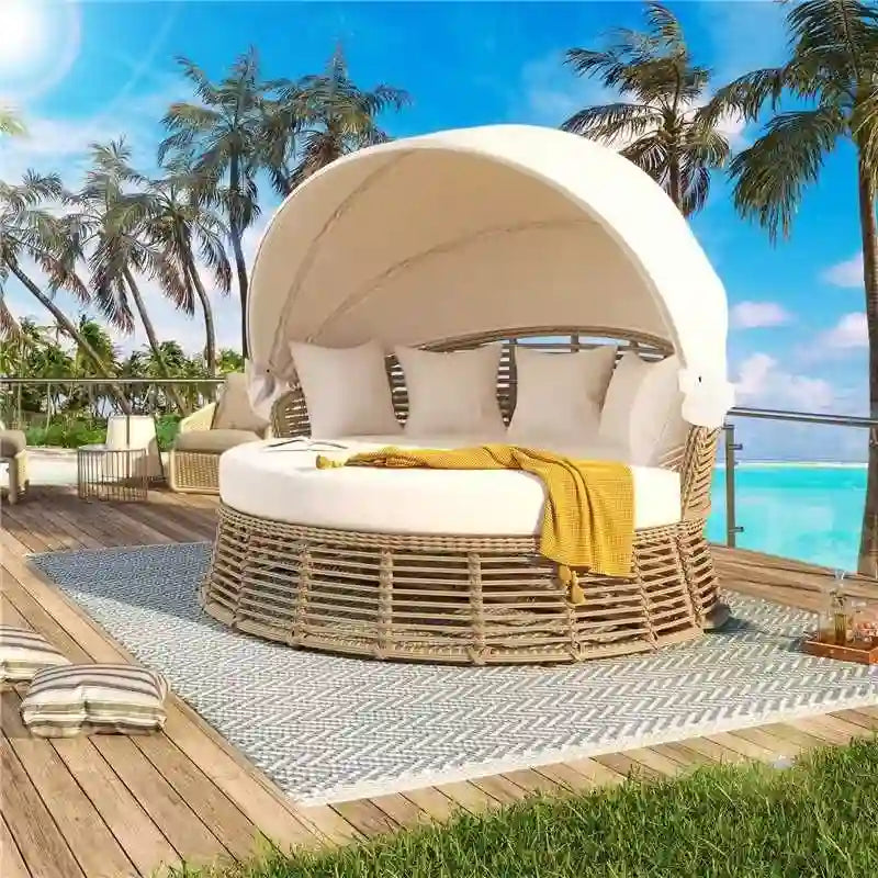 Rundes Outdoor-Rattan-Tagesbett mit Sonnendach und abnehmbaren Kissen