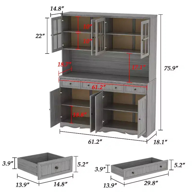 Famapy 155,4 cm grauer Buffetschrank mit Aufsatz, Küchenschrank mit verzierter Sockelleiste: Eine Verbindung von Eleganz und Nutzen
