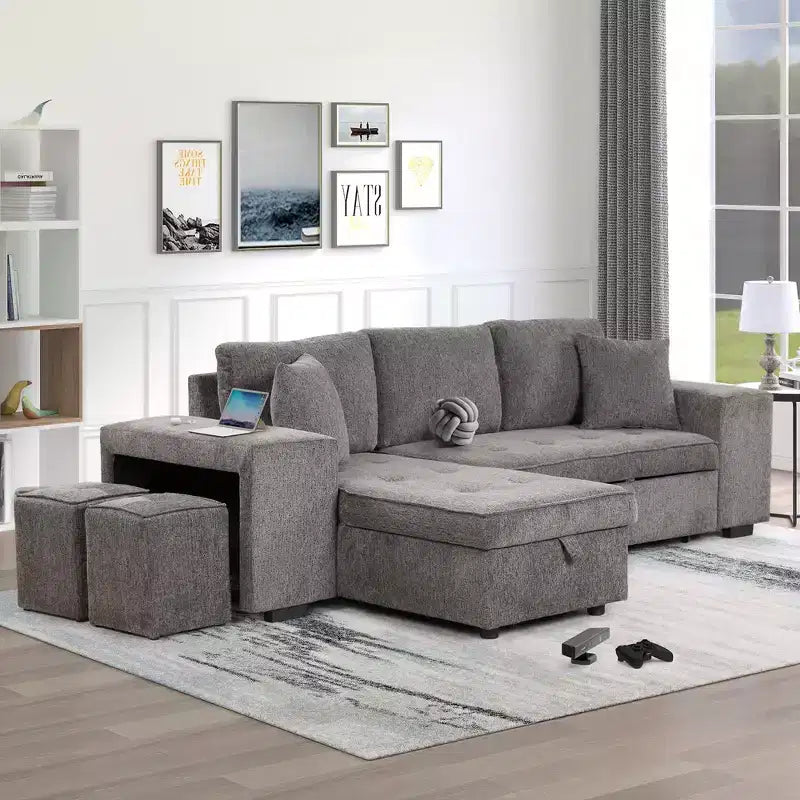 104,5 Zoll L-förmige Schlafcouchgarnitur mit Stauraum-Chaiselongue und 2 Hockern – 3-Sitzer-Schlafsofa mit Schlaffunktion für das Wohnzimmer