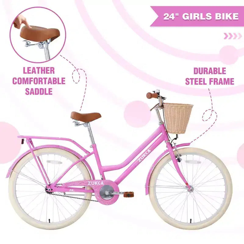 NAYSAYE 24 Zoll Mädchen-Cruiser-Fahrrad, Speed-Hybrid-Citybike für Jugendliche von 7-10+ Jahren mit Weidenkorb & Gepäckträger, Kinderfahrrad