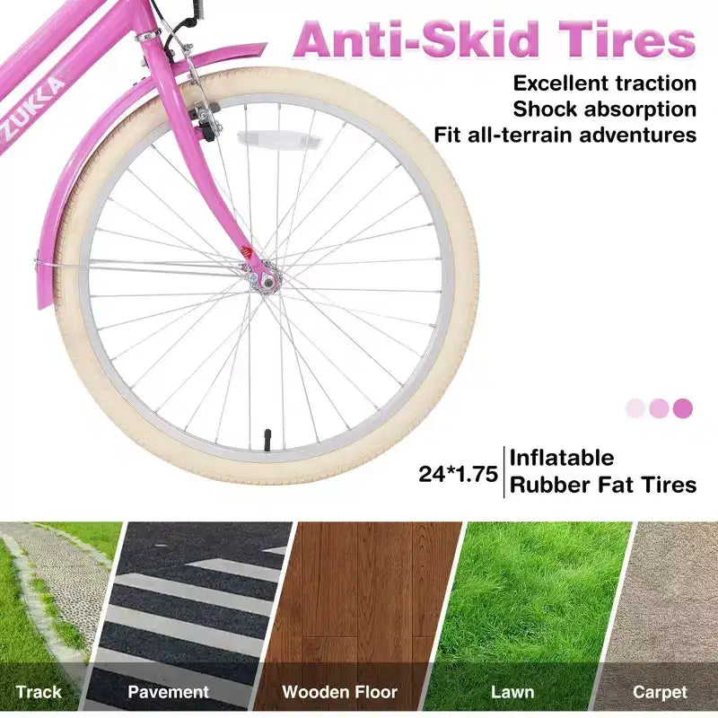 NAYSAYE 24 Zoll Mädchen-Cruiser-Fahrrad, Speed-Hybrid-Citybike für Jugendliche von 7-10+ Jahren mit Weidenkorb & Gepäckträger, Kinderfahrrad