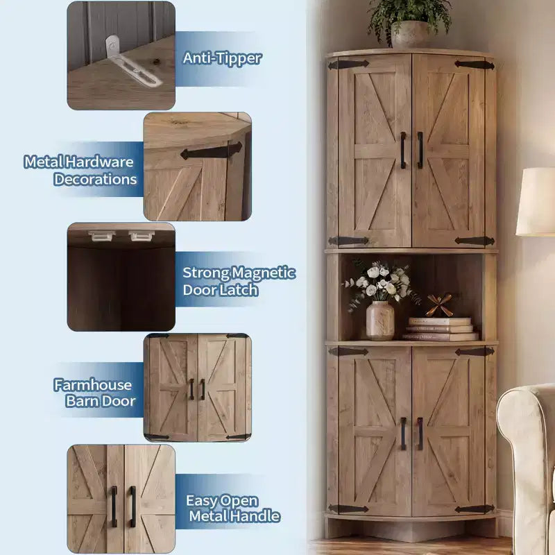 COZONY 65 Eckschrank im Landhausstil mit Türen und verstellbaren Einlegeböden, hoher Eckvorratsschrank für Küche und Wohnzimmer